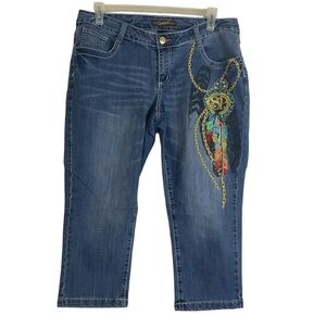 Southpole Women’s Embellished Capri Jeans Blue Denim Feather Medallion Size 18